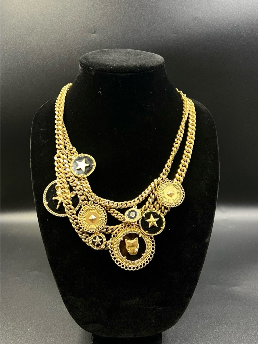 Authentic Vtg Givenchy Rare Medallion Necklace 4G Black Gold Multi Strand